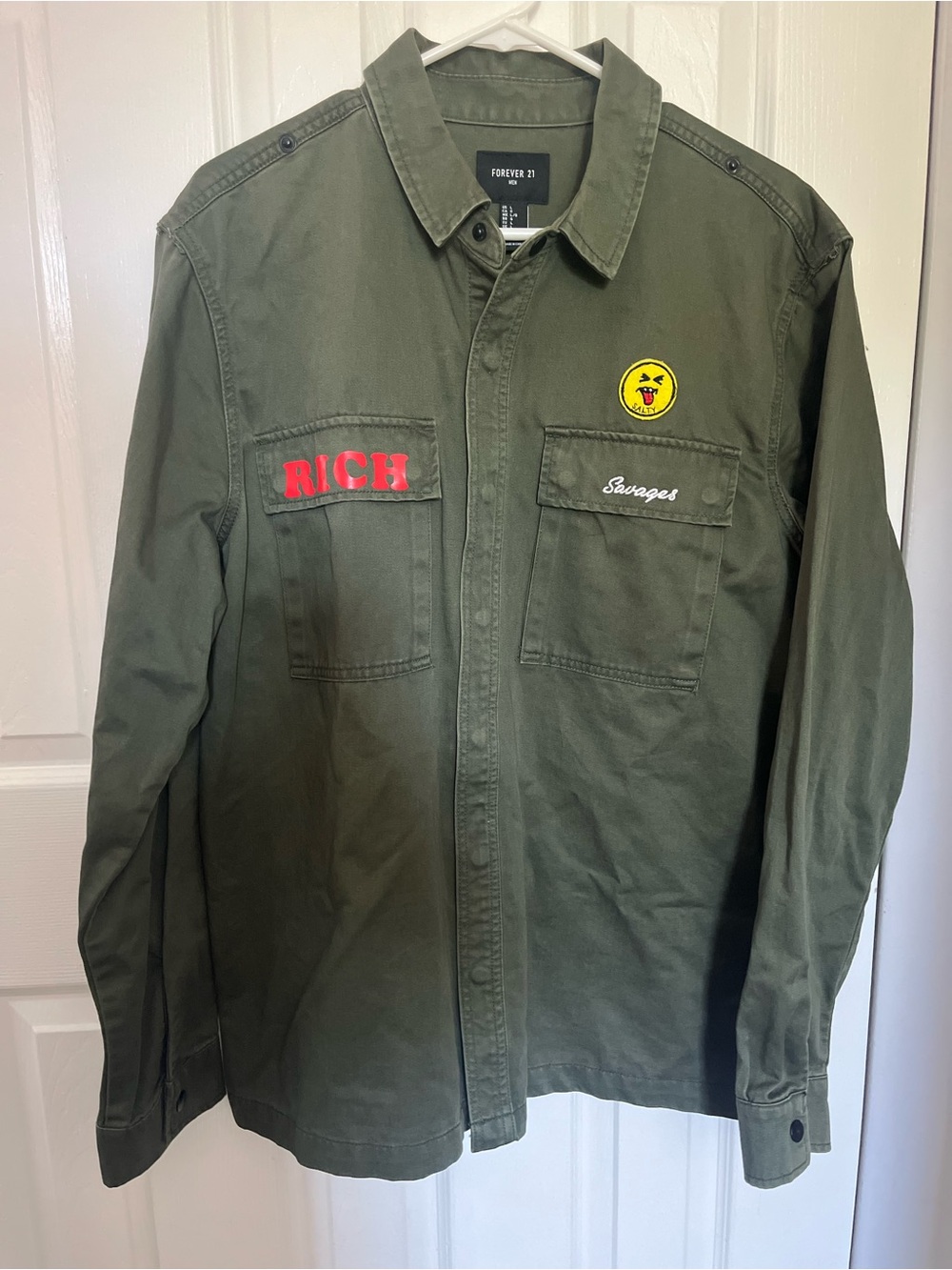 Forever 21 Olive Green Military Field Jacket with Red and Yellow Patch Accents